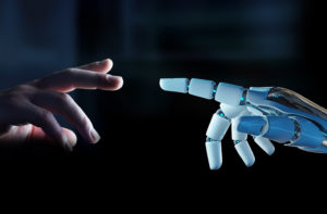 White cyborg finger about to touch human finger 3D rendering