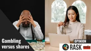 shares versus gambing image shows gambling man who went bust and asian female investor who is happy